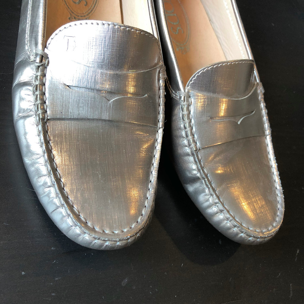 Tod's Metallic Silver Leather Penny Loafers - Picture 6 of 8
